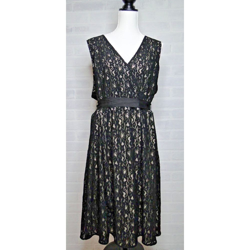 Lane Bryant Womens Dress Size 26 Black Lace Sleeveless V Neck Ribbon Tie Lined